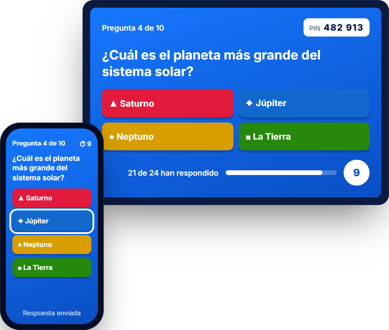 Pantalla del proyector con el PIN de la partida y una pregunta de Aula OK, junto al móvil de un alumno que ya ha respondido
