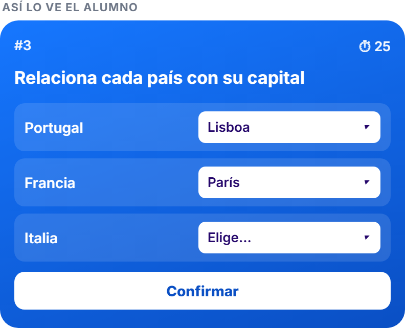 Pregunta de emparejar en el móvil del alumno: relaciona cada país con su capital