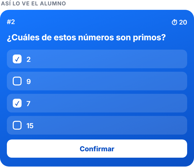Pregunta de varias correctas en el móvil del alumno: cuáles de estos números son primos