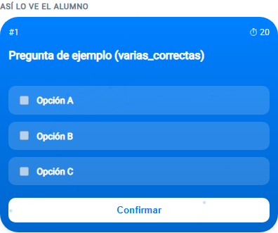 Pregunta de varias correctas en el móvil del alumno